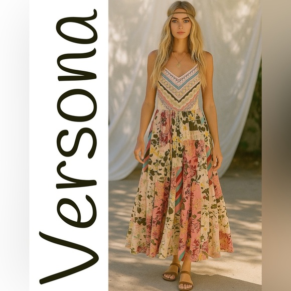 Versona Floral Patchwork Bohemian Hippie Maxi Dress - Picture 1 of 7